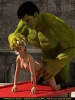 Sexy blonde vixen in a tight suit fucking with overboard 3d hulk