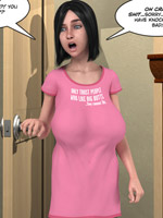 Naked teen guy doesn't know that this toon busty brunette in a pink gown is a shemale