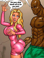 Cartoon busty blonde babe feeling naughty while gets her tits sucked outdoors by black guys.