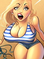 Two perverted dudes trying to persuade busty toon blonde to wear mini bikini.
